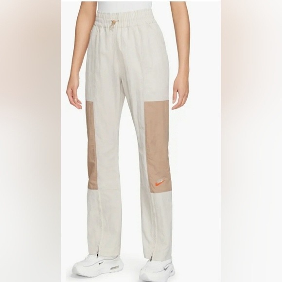 Nike Pants - Nike Sportswear Woven High Rise Colorblock Pants Sail Tan Orange Zipper Cuffs
